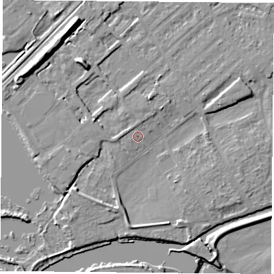Shaded relief map of the ground around NG91ND, computed from Environment Agency LiDAR. The ground here sits at about 27 m above sea level and falls 13 m across the surrounding 800 m. Surface water reaching this point runs off ground lying to the west-north-west, 3.4 m higher.