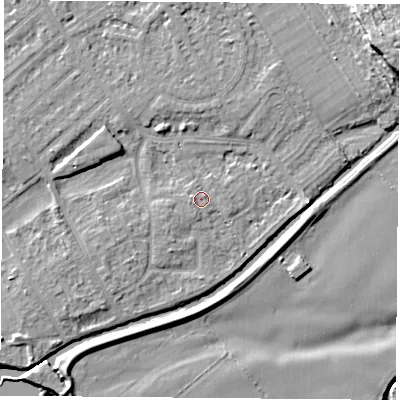 Shaded relief map of the ground around NG91NE, computed from Environment Agency LiDAR. The ground here sits at about 26 m above sea level and falls 12 m across the surrounding 800 m. Surface water reaching this point runs off ground lying to the west, 1.2 m higher.