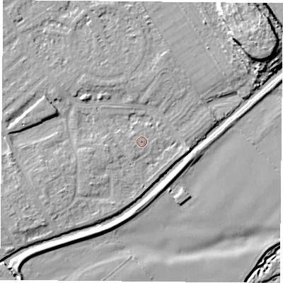 Shaded relief map of the ground around NG91NF, computed from Environment Agency LiDAR. The ground here sits at about 26 m above sea level and falls 13 m across the surrounding 800 m. Surface water reaching this point runs off ground lying to the west-south-west, 1.9 m higher.