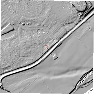 Shaded relief map of the ground around NG91NG, computed from Environment Agency LiDAR. The ground here sits at about 26 m above sea level and falls 17 m across the surrounding 800 m. Surface water reaching this point runs off ground lying to the north-west, 2.5 m higher.