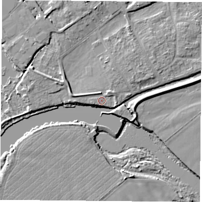Shaded relief map of the ground around NG91NH, computed from Environment Agency LiDAR. The ground here sits at about 27 m above sea level and falls 7 m across the surrounding 800 m. Surface water reaching this point runs off ground lying to the east-north-east, 1.0 m higher.