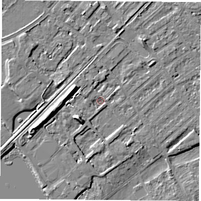 Shaded relief map of the ground around NG91NJ, computed from Environment Agency LiDAR. The ground here sits at about 26 m above sea level and falls 10 m across the surrounding 800 m. Surface water reaching this point runs off ground lying to the west-north-west, 9.2 m higher.