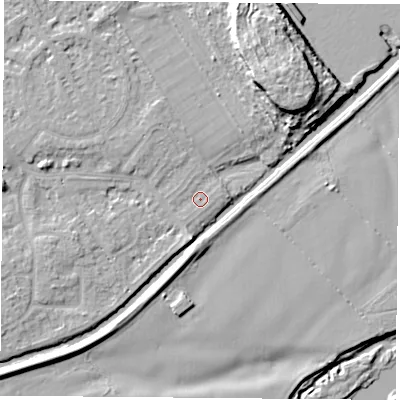 Shaded relief map of the ground around NG91NL, computed from Environment Agency LiDAR. The ground here sits at about 26 m above sea level and falls 13 m across the surrounding 800 m. Surface water reaching this point runs off ground lying to the east-north-east, 0.8 m higher.