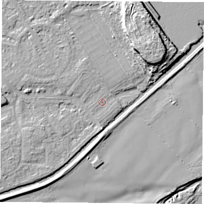Shaded relief map of the ground around NG91NN, computed from Environment Agency LiDAR. The ground here sits at about 26 m above sea level and falls 13 m across the surrounding 800 m. Surface water reaching this point runs off ground lying to the east, 0.8 m higher.