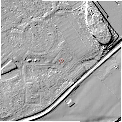 Shaded relief map of the ground around NG91NP, computed from Environment Agency LiDAR. The ground here sits at about 26 m above sea level and falls 13 m across the surrounding 800 m. Surface water reaching this point runs off ground lying to the north, 1.3 m higher.