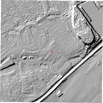 Shaded relief map of the ground around NG91NQ, computed from Environment Agency LiDAR. The ground here sits at about 27 m above sea level and falls 11 m across the surrounding 800 m. Surface water reaching this point runs off ground lying to the north, 0.5 m higher.