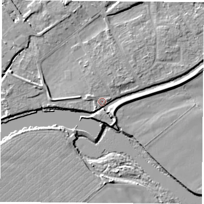 Shaded relief map of the ground around NG91NR, computed from Environment Agency LiDAR. The ground here sits at about 26 m above sea level and falls 7 m across the surrounding 800 m. Surface water reaching this point runs off ground lying to the south-east, 3.7 m higher.