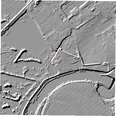 Shaded relief map of the ground around NG91NS, computed from Environment Agency LiDAR. The ground here sits at about 27 m above sea level and falls 12 m across the surrounding 800 m. Surface water reaching this point runs off ground lying to the south-south-east, 1.0 m higher.