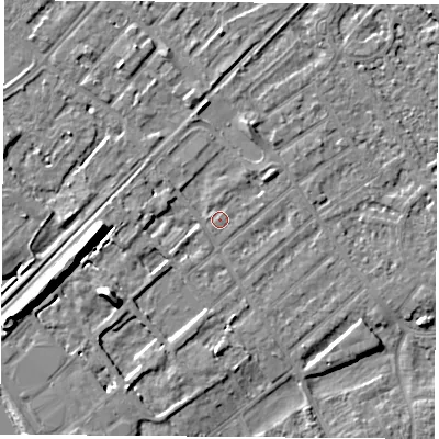 Shaded relief map of the ground around NG91NT, computed from Environment Agency LiDAR. The ground here sits at about 27 m above sea level and falls 10 m across the surrounding 800 m. Surface water reaching this point runs off ground lying to the west, 9.4 m higher.