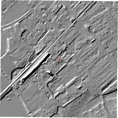 Shaded relief map of the ground around NG91NW, computed from Environment Agency LiDAR. The ground here sits at about 27 m above sea level and falls 10 m across the surrounding 800 m. Surface water reaching this point runs off ground lying to the west, 9.2 m higher.