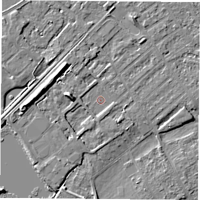 Shaded relief map of the ground around NG91NX, computed from Environment Agency LiDAR. The ground here sits at about 26 m above sea level and falls 10 m across the surrounding 800 m. Surface water reaching this point runs off ground lying to the west, 9.1 m higher.