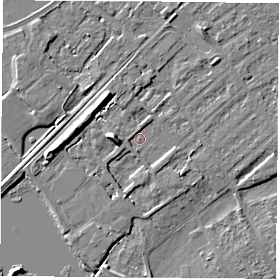 Shaded relief map of the ground around NG91NY, computed from Environment Agency LiDAR. The ground here sits at about 26 m above sea level and falls 10 m across the surrounding 800 m. Surface water reaching this point runs off ground lying to the west, 9.1 m higher.