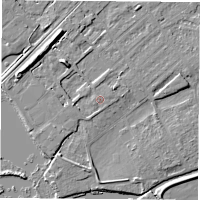 Shaded relief map of the ground around NG91NZ, computed from Environment Agency LiDAR. The ground here sits at about 27 m above sea level and falls 11 m across the surrounding 800 m. Surface water reaching this point runs off ground lying to the west, 3.0 m higher.