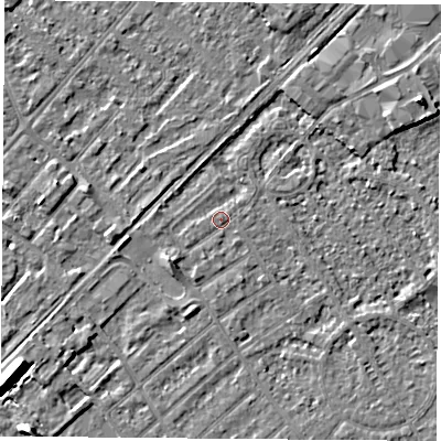 Shaded relief map of the ground around NG91PA, computed from Environment Agency LiDAR. The ground here sits at about 27 m above sea level and falls 9 m across the surrounding 800 m. Surface water reaching this point runs off ground lying to the south-west, 2.0 m higher.