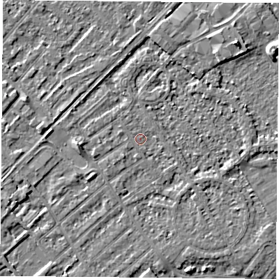 Shaded relief map of the ground around NG91PB, computed from Environment Agency LiDAR. The ground here sits at about 27 m above sea level and falls 5 m across the surrounding 800 m. Surface water reaching this point runs off ground lying to the west, 3.1 m higher.