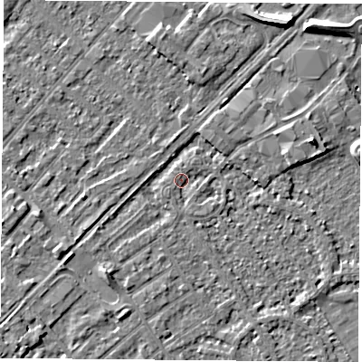 Shaded relief map of the ground around NG91PD, computed from Environment Agency LiDAR. The ground here sits at about 27 m above sea level and falls 8 m across the surrounding 800 m. Surface water reaching this point runs off ground lying to the south-east, 1.4 m higher.