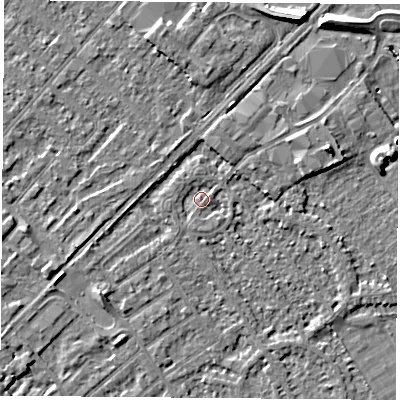 Shaded relief map of the ground around NG91PE, computed from Environment Agency LiDAR. The ground here sits at about 27 m above sea level and falls 8 m across the surrounding 800 m. Surface water reaching this point runs off ground lying to the south-east, 1.4 m higher.