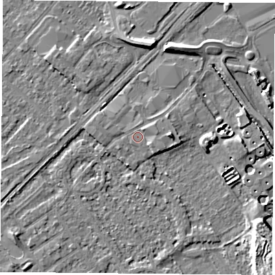 Shaded relief map of the ground around NG91PF, computed from Environment Agency LiDAR. The ground here sits at about 27 m above sea level and falls 9 m across the surrounding 800 m. Surface water reaching this point runs off ground lying to the east, 3.0 m higher.