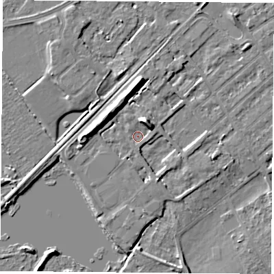 Shaded relief map of the ground around NG91PH, computed from Environment Agency LiDAR. The ground here sits at about 27 m above sea level and falls 10 m across the surrounding 800 m. Surface water reaching this point runs off ground lying to the west-north-west, 9.1 m higher.