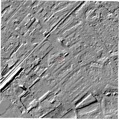Shaded relief map of the ground around NG91PL, computed from Environment Agency LiDAR. The ground here sits at about 26 m above sea level and falls 10 m across the surrounding 800 m. Surface water reaching this point runs off ground lying to the west-south-west, 9.4 m higher.