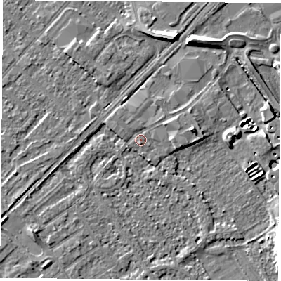 Shaded relief map of the ground around NG91PP, computed from Environment Agency LiDAR. The ground here sits at about 27 m above sea level and falls 9 m across the surrounding 800 m. Surface water reaching this point runs off ground lying to the east-north-east, 3.2 m higher.