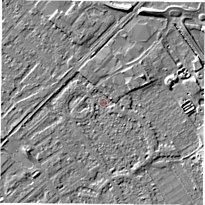 Shaded relief map of the ground around NG91PQ, computed from Environment Agency LiDAR. The ground here sits at about 26 m above sea level and falls 9 m across the surrounding 800 m. Surface water reaching this point runs off ground lying to the east-north-east, 4.4 m higher.