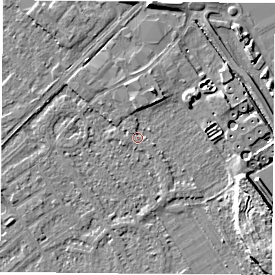 Shaded relief map of the ground around NG91PR, computed from Environment Agency LiDAR. The ground here sits at about 27 m above sea level and falls 10 m across the surrounding 800 m. Surface water reaching this point runs off ground lying to the north-north-east, 4.4 m higher.