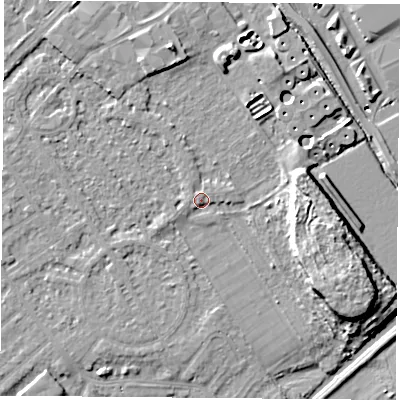 Shaded relief map of the ground around NG91PS, computed from Environment Agency LiDAR. The ground here sits at about 27 m above sea level and falls 12 m across the surrounding 800 m. Surface water reaching this point runs off ground lying to the south-south-west, 1.4 m higher.