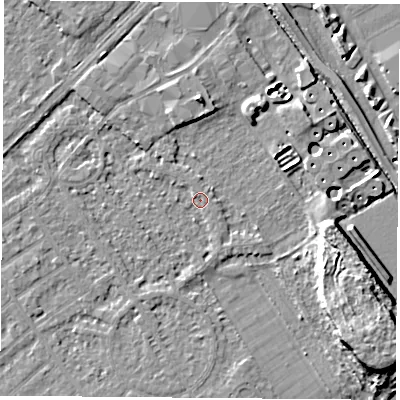 Shaded relief map of the ground around NG91PT, computed from Environment Agency LiDAR. The ground here sits at about 26 m above sea level and falls 12 m across the surrounding 800 m. Surface water reaching this point runs off ground lying to the north, 4.4 m higher.