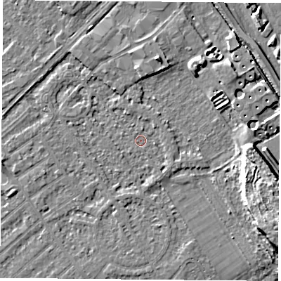 Shaded relief map of the ground around NG91PU, computed from Environment Agency LiDAR. The ground here sits at about 26 m above sea level and falls 10 m across the surrounding 800 m. Surface water reaching this point runs off ground lying to the north-north-east, 4.4 m higher.