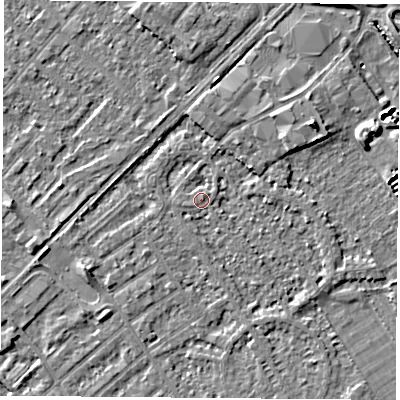 Shaded relief map of the ground around NG91PX, computed from Environment Agency LiDAR. The ground here sits at about 27 m above sea level and falls 6 m across the surrounding 800 m. Surface water reaching this point runs off ground lying to the east-south-east, 1.3 m higher.