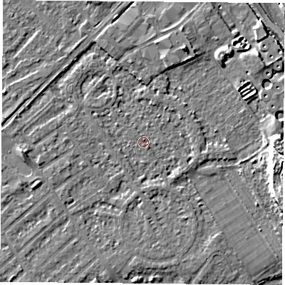 Shaded relief map of the ground around NG91PY, computed from Environment Agency LiDAR. The ground here sits at about 27 m above sea level and falls 9 m across the surrounding 800 m. Surface water reaching this point runs off ground lying to the north-north-east, 4.4 m higher.