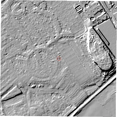 Shaded relief map of the ground around NG91PZ, computed from Environment Agency LiDAR. The ground here sits at about 26 m above sea level and falls 12 m across the surrounding 800 m. Surface water reaching this point runs off ground lying to the east, 8.6 m higher.