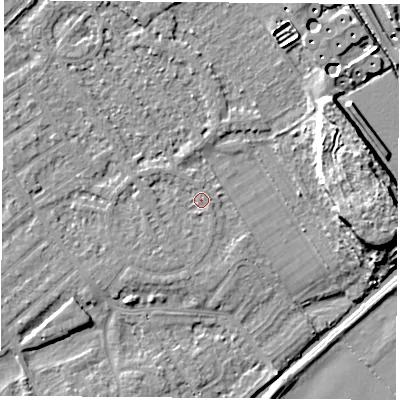 Shaded relief map of the ground around NG91QA, computed from Environment Agency LiDAR. The ground here sits at about 27 m above sea level and falls 12 m across the surrounding 800 m. Surface water reaching this point runs off ground lying to the south-west, 1.3 m higher.
