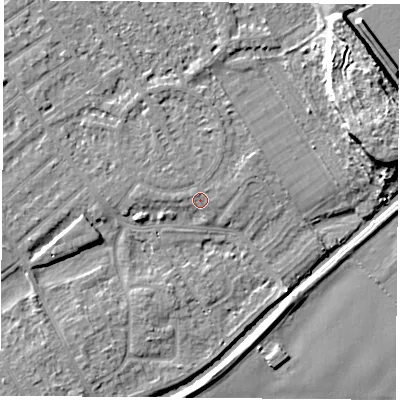 Shaded relief map of the ground around NG91QB, computed from Environment Agency LiDAR. The ground here sits at about 27 m above sea level and falls 11 m across the surrounding 800 m. The ground contributing surface water to this point lies to the east-north-east.