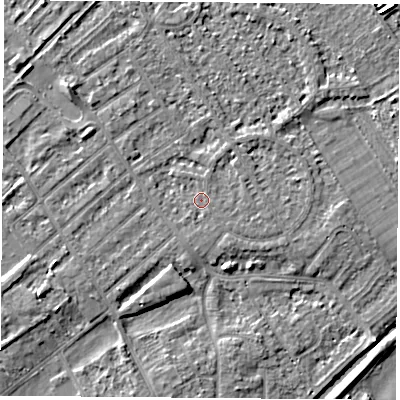 Shaded relief map of the ground around NG91QE, computed from Environment Agency LiDAR. The ground here sits at about 27 m above sea level and falls 4 m across the surrounding 800 m. Surface water reaching this point runs off ground lying to the south, 0.7 m higher.