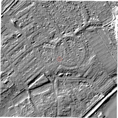 Shaded relief map of the ground around NG91QF, computed from Environment Agency LiDAR. The ground here sits at about 27 m above sea level and falls 9 m across the surrounding 800 m. Surface water reaching this point runs off ground lying to the east-south-east, 0.6 m higher.