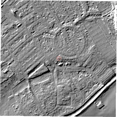 Shaded relief map of the ground around NG91QG, computed from Environment Agency LiDAR. The ground here sits at about 27 m above sea level and falls 9 m across the surrounding 800 m. Surface water reaching this point runs off ground lying to the east-north-east, 0.7 m higher.