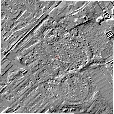 Shaded relief map of the ground around NG91QH, computed from Environment Agency LiDAR. The ground here sits at about 27 m above sea level and falls 6 m across the surrounding 800 m. Surface water reaching this point runs off ground lying to the west, 2.9 m higher.