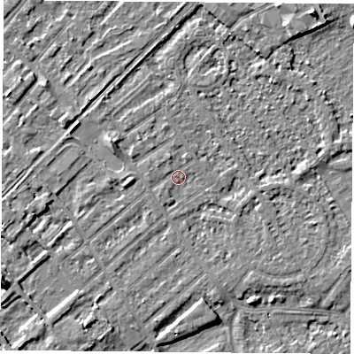 Shaded relief map of the ground around NG91QL, computed from Environment Agency LiDAR. The ground here sits at about 27 m above sea level and falls 7 m across the surrounding 800 m. Surface water reaching this point runs off ground lying to the west-north-west, 3.1 m higher.