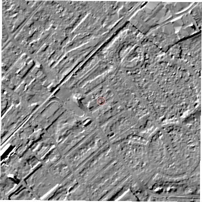 Shaded relief map of the ground around NG91QN, computed from Environment Agency LiDAR. The ground here sits at about 27 m above sea level and falls 10 m across the surrounding 800 m. Surface water reaching this point runs off ground lying to the west, 1.6 m higher.