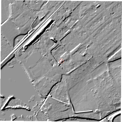 Shaded relief map of the ground around NG91QQ, computed from Environment Agency LiDAR. The ground here sits at about 27 m above sea level and falls 11 m across the surrounding 800 m. Surface water reaching this point runs off ground lying to the south-south-west, 3.0 m higher.