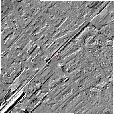 Shaded relief map of the ground around NG91QR, computed from Environment Agency LiDAR. The ground here sits at about 27 m above sea level and falls 10 m across the surrounding 800 m. Surface water reaching this point runs off ground lying to the north, 0.6 m higher.