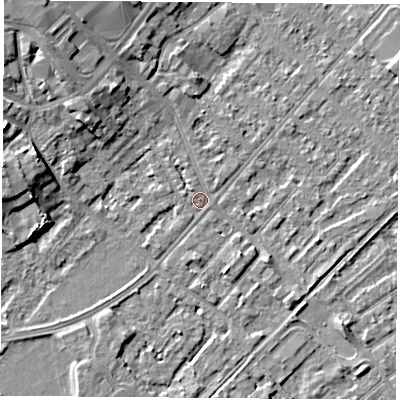 Shaded relief map of the ground around NG91QT, computed from Environment Agency LiDAR. The ground here sits at about 27 m above sea level and falls 8 m across the surrounding 800 m. Surface water reaching this point runs off ground lying to the north-west, 7.0 m higher.