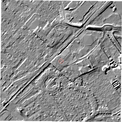 Shaded relief map of the ground around NG91QX, computed from Environment Agency LiDAR. The ground here sits at about 27 m above sea level and falls 9 m across the surrounding 800 m. Surface water reaching this point runs off ground lying to the east, 0.7 m higher.
