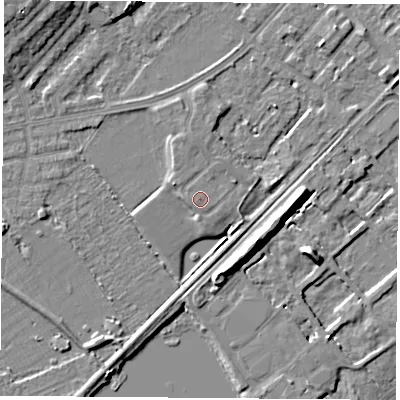 Shaded relief map of the ground around NG91RJ, computed from Environment Agency LiDAR. The ground here sits at about 28 m above sea level and falls 10 m across the surrounding 800 m. Surface water reaching this point runs off ground lying to the north, 1.0 m higher.