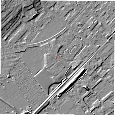 Shaded relief map of the ground around NG91RL, computed from Environment Agency LiDAR. The ground here sits at about 28 m above sea level and falls 10 m across the surrounding 800 m. Surface water reaching this point runs off ground lying to the west-north-west, 0.7 m higher.