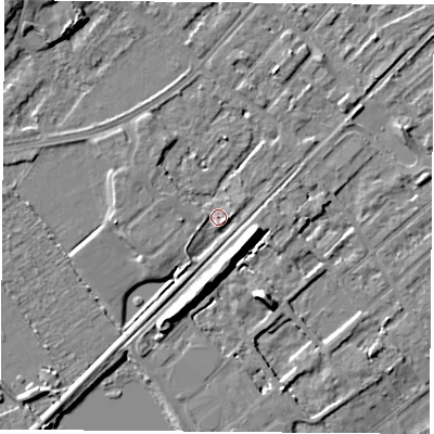 Shaded relief map of the ground around NG91RN, computed from Environment Agency LiDAR. The ground here sits at about 27 m above sea level and falls 10 m across the surrounding 800 m. Surface water reaching this point runs off ground lying to the west-north-west, 2.2 m higher.