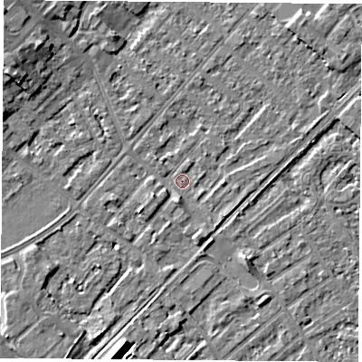 Shaded relief map of the ground around NG92AB, computed from Environment Agency LiDAR. The ground here sits at about 27 m above sea level and falls 9 m across the surrounding 800 m. Surface water reaching this point runs off ground lying to the west-south-west, 2.2 m higher.