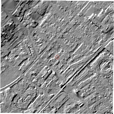 Shaded relief map of the ground around NG92AD, computed from Environment Agency LiDAR. The ground here sits at about 27 m above sea level and falls 6 m across the surrounding 800 m. Surface water reaching this point runs off ground lying to the south-west, 2.3 m higher.